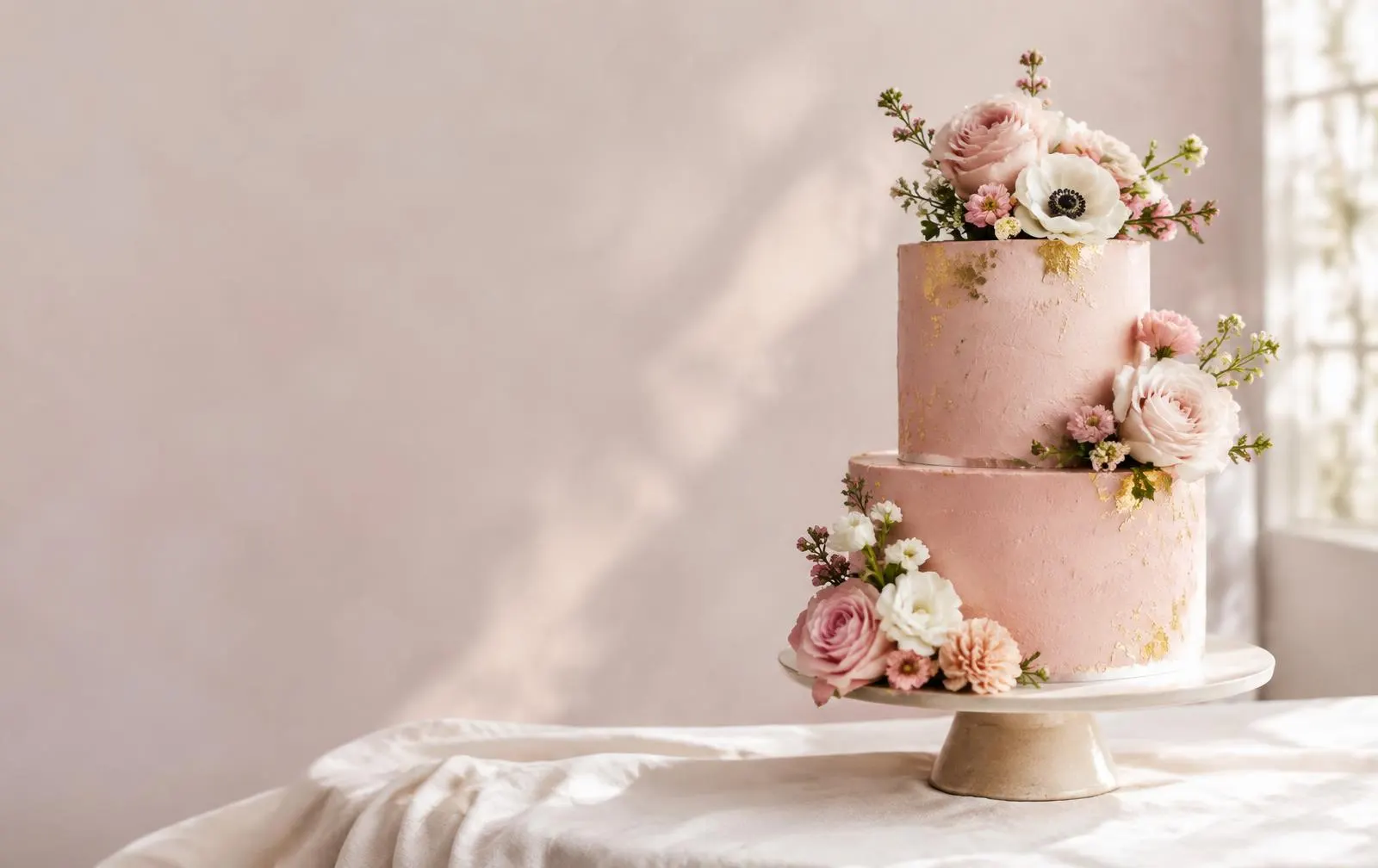 Torta de novios rosa con pan de oro y flores – Pastelería Don Matías