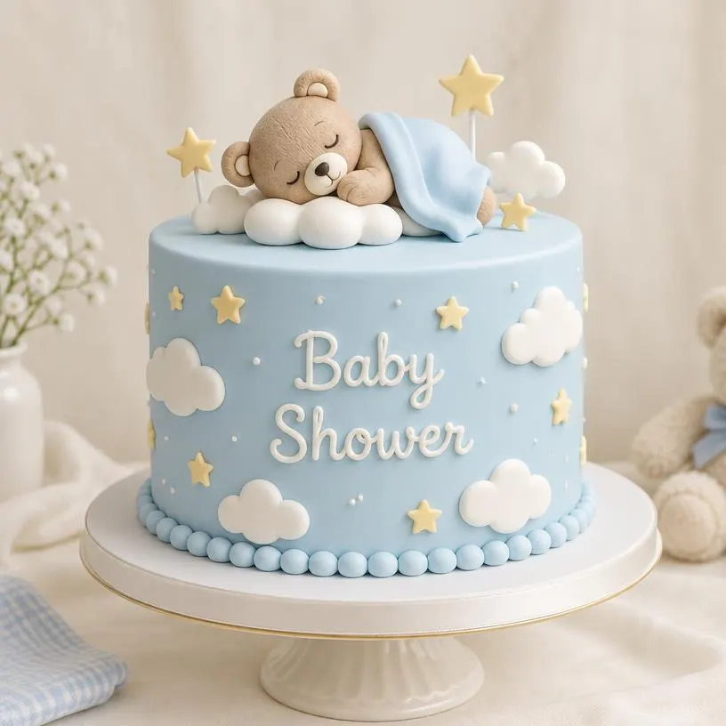 Torta baby shower celeste con osito y nubes – Pastelería Don Matías