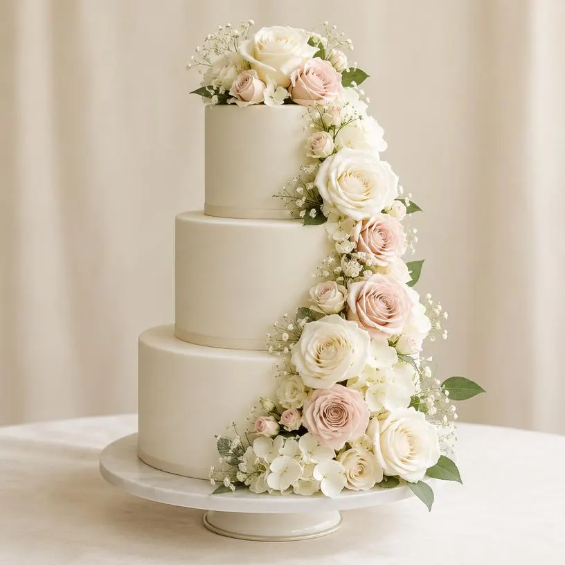 Torta de matrimonio de tres pisos con flores – Pastelería Don Matías