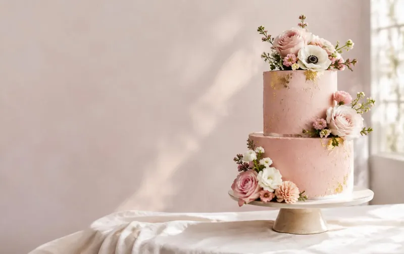 Torta de novios rosa con pan de oro y flores – Pastelería Don Matías