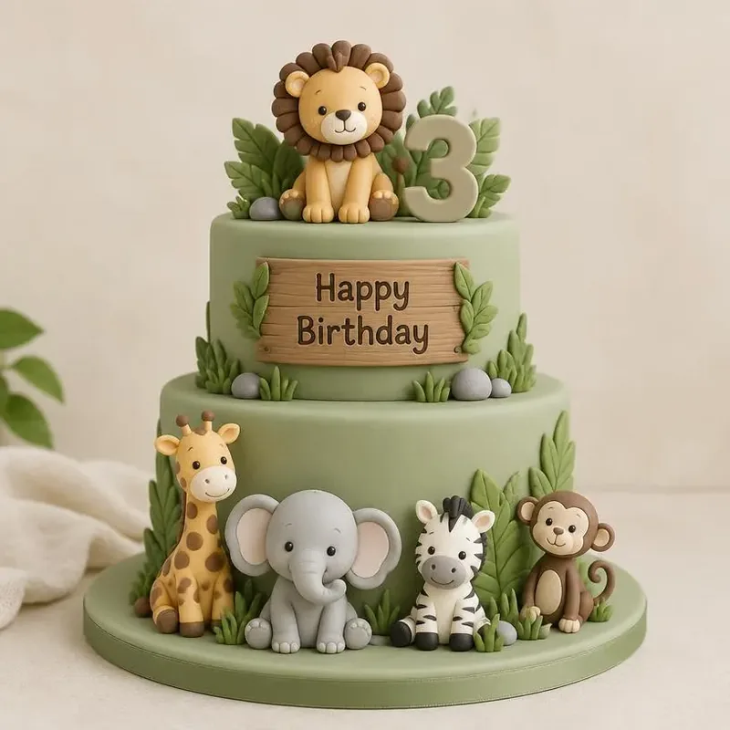 Torta de cumpleaños infantil safari de dos pisos con animales de fondant – Pastelería Don Matías